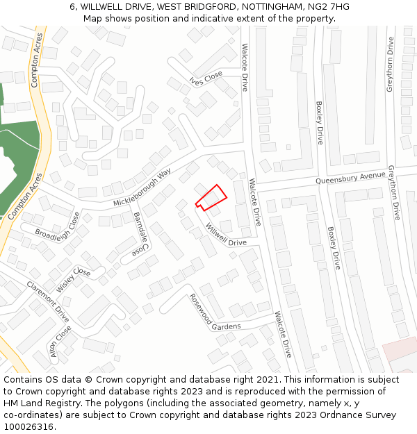 6, WILLWELL DRIVE, WEST BRIDGFORD, NOTTINGHAM, NG2 7HG: Location map and indicative extent of plot