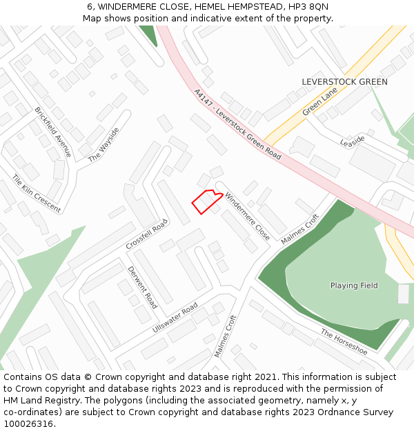 6, WINDERMERE CLOSE, HEMEL HEMPSTEAD, HP3 8QN: Location map and indicative extent of plot