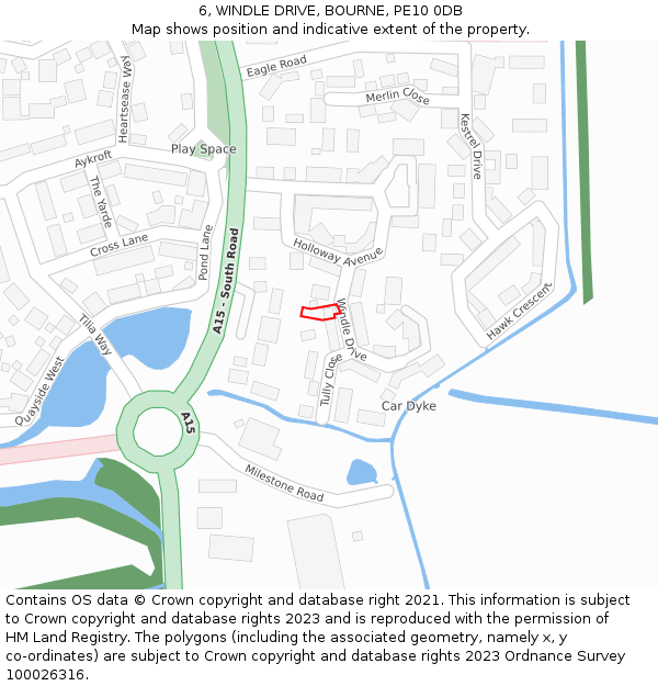 6, WINDLE DRIVE, BOURNE, PE10 0DB: Location map and indicative extent of plot