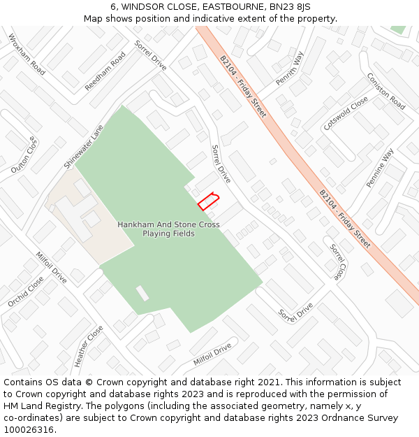 6, WINDSOR CLOSE, EASTBOURNE, BN23 8JS: Location map and indicative extent of plot