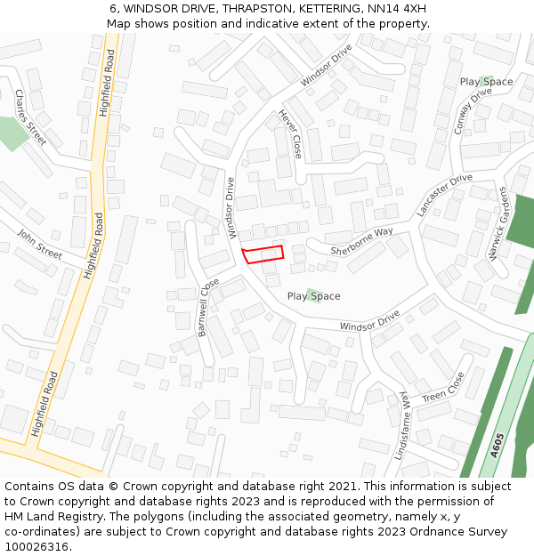 6, WINDSOR DRIVE, THRAPSTON, KETTERING, NN14 4XH: Location map and indicative extent of plot