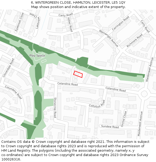 6, WINTERGREEN CLOSE, HAMILTON, LEICESTER, LE5 1QY: Location map and indicative extent of plot