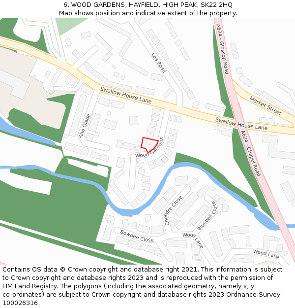 6, WOOD GARDENS, HAYFIELD, HIGH PEAK, SK22 2HQ: Location map and indicative extent of plot