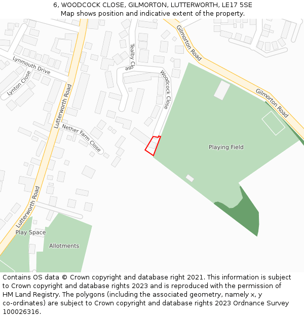 6, WOODCOCK CLOSE, GILMORTON, LUTTERWORTH, LE17 5SE: Location map and indicative extent of plot