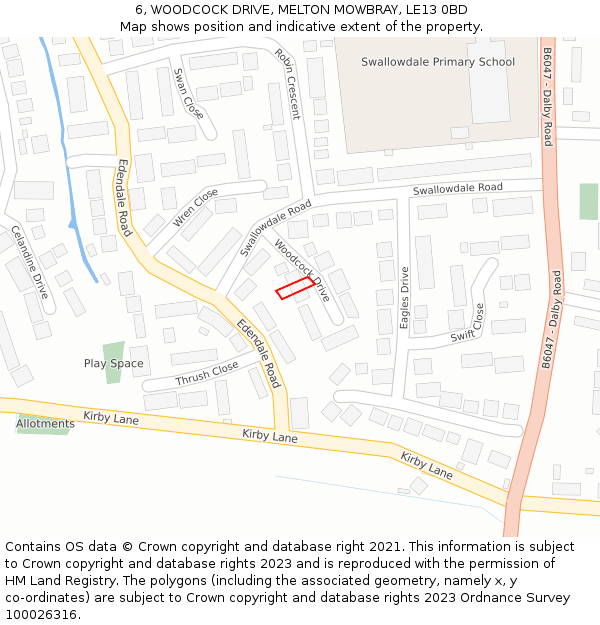 6, WOODCOCK DRIVE, MELTON MOWBRAY, LE13 0BD: Location map and indicative extent of plot