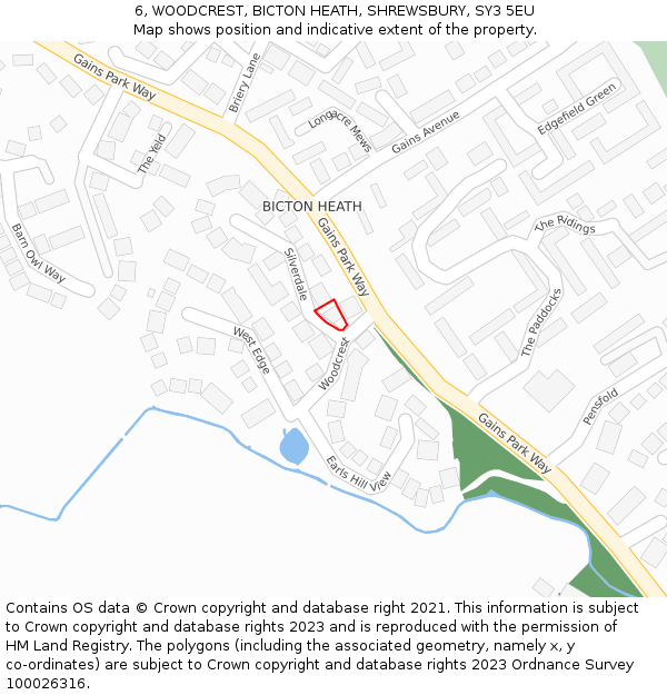 6, WOODCREST, BICTON HEATH, SHREWSBURY, SY3 5EU: Location map and indicative extent of plot
