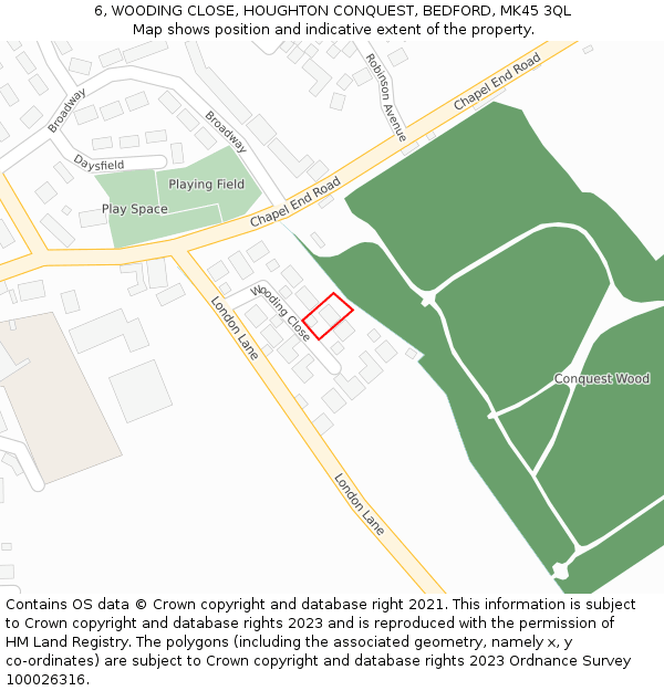 6, WOODING CLOSE, HOUGHTON CONQUEST, BEDFORD, MK45 3QL: Location map and indicative extent of plot