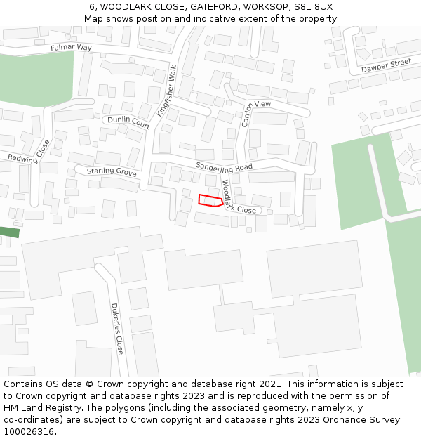 6, WOODLARK CLOSE, GATEFORD, WORKSOP, S81 8UX: Location map and indicative extent of plot