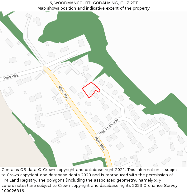 6, WOODMANCOURT, GODALMING, GU7 2BT: Location map and indicative extent of plot