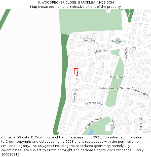 6, WOODPECKER CLOSE, BRACKLEY, NN13 6QH: Location map and indicative extent of plot