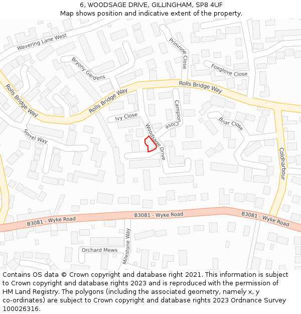 6, WOODSAGE DRIVE, GILLINGHAM, SP8 4UF: Location map and indicative extent of plot