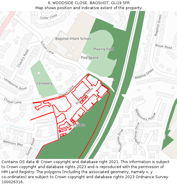 6, WOODSIDE CLOSE, BAGSHOT, GU19 5FR: Location map and indicative extent of plot