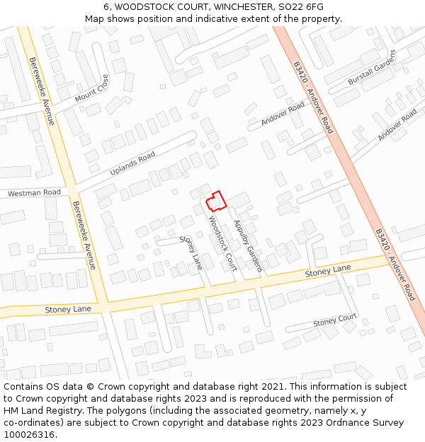 6, WOODSTOCK COURT, WINCHESTER, SO22 6FG: Location map and indicative extent of plot