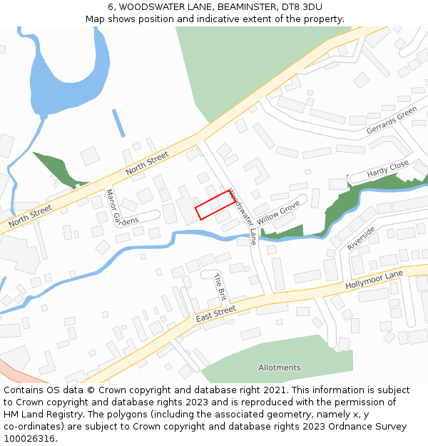 6, WOODSWATER LANE, BEAMINSTER, DT8 3DU: Location map and indicative extent of plot