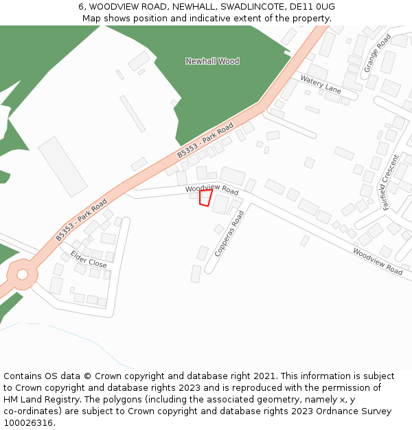 6, WOODVIEW ROAD, NEWHALL, SWADLINCOTE, DE11 0UG: Location map and indicative extent of plot