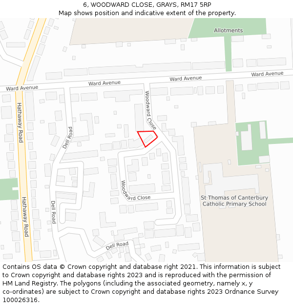 6, WOODWARD CLOSE, GRAYS, RM17 5RP: Location map and indicative extent of plot