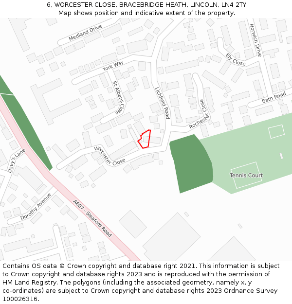 6, WORCESTER CLOSE, BRACEBRIDGE HEATH, LINCOLN, LN4 2TY: Location map and indicative extent of plot