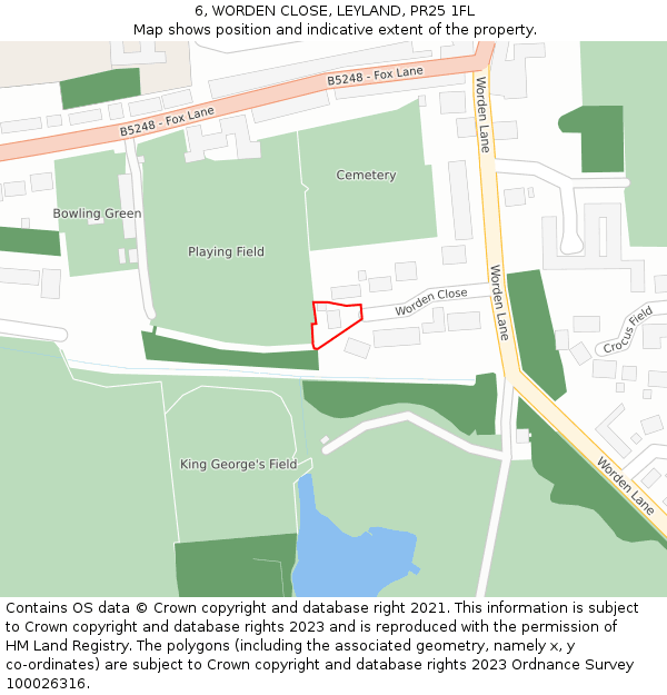 6, WORDEN CLOSE, LEYLAND, PR25 1FL: Location map and indicative extent of plot
