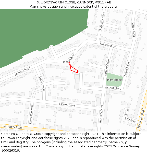 6, WORDSWORTH CLOSE, CANNOCK, WS11 4AE: Location map and indicative extent of plot