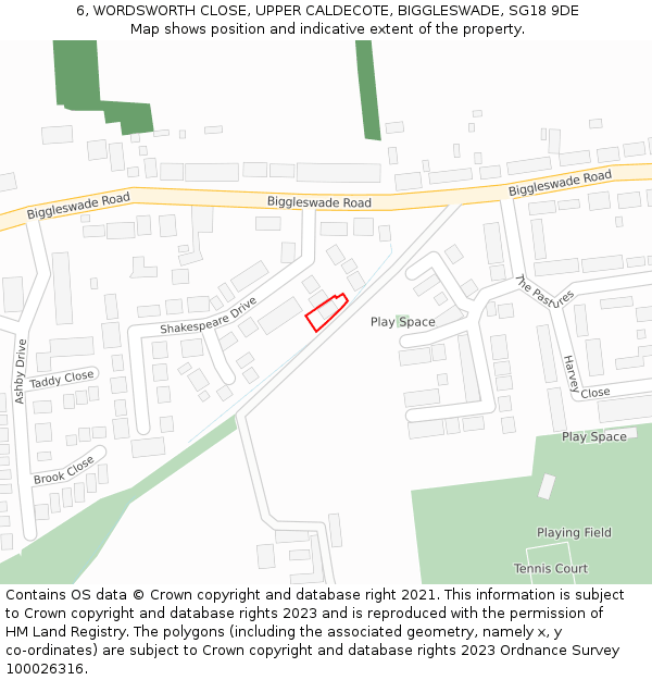 6, WORDSWORTH CLOSE, UPPER CALDECOTE, BIGGLESWADE, SG18 9DE: Location map and indicative extent of plot