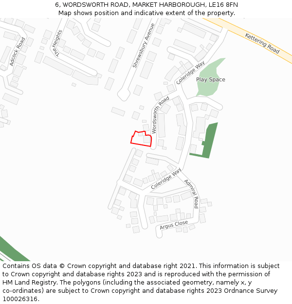 6, WORDSWORTH ROAD, MARKET HARBOROUGH, LE16 8FN: Location map and indicative extent of plot