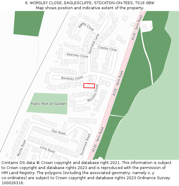 6, WORSLEY CLOSE, EAGLESCLIFFE, STOCKTON-ON-TEES, TS16 0BW: Location map and indicative extent of plot