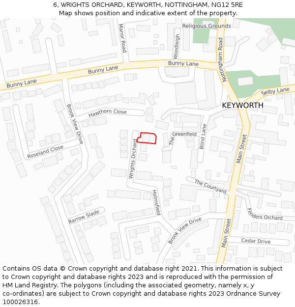 6, WRIGHTS ORCHARD, KEYWORTH, NOTTINGHAM, NG12 5RE: Location map and indicative extent of plot