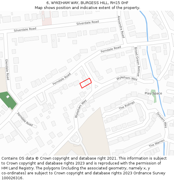 6, WYKEHAM WAY, BURGESS HILL, RH15 0HF: Location map and indicative extent of plot