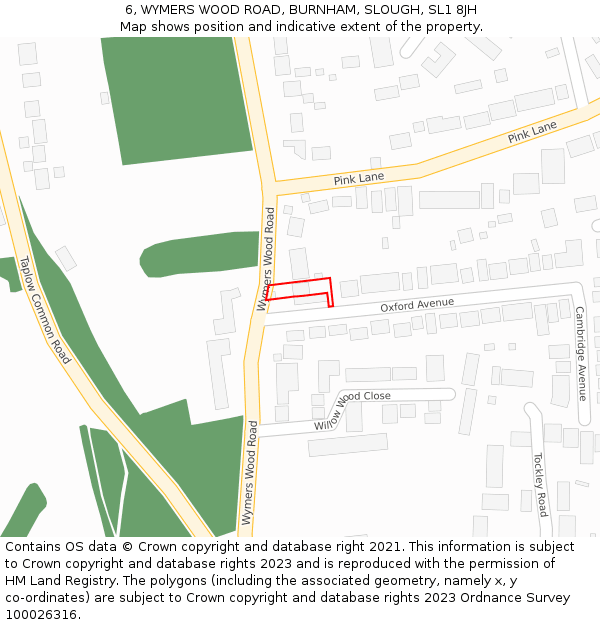 6, WYMERS WOOD ROAD, BURNHAM, SLOUGH, SL1 8JH: Location map and indicative extent of plot
