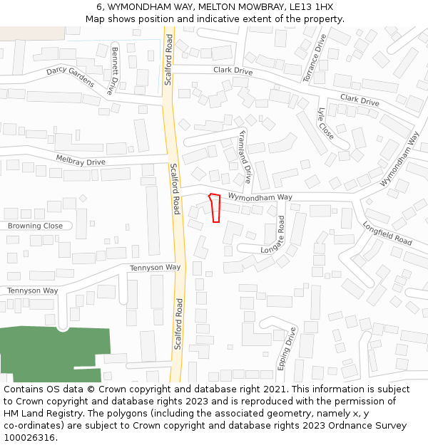6, WYMONDHAM WAY, MELTON MOWBRAY, LE13 1HX: Location map and indicative extent of plot