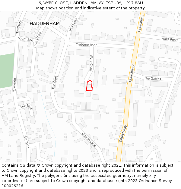 6, WYRE CLOSE, HADDENHAM, AYLESBURY, HP17 8AU: Location map and indicative extent of plot