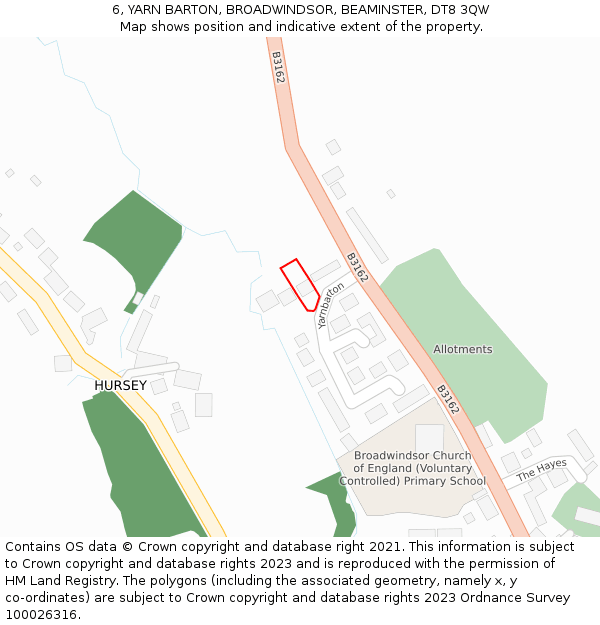 6, YARN BARTON, BROADWINDSOR, BEAMINSTER, DT8 3QW: Location map and indicative extent of plot