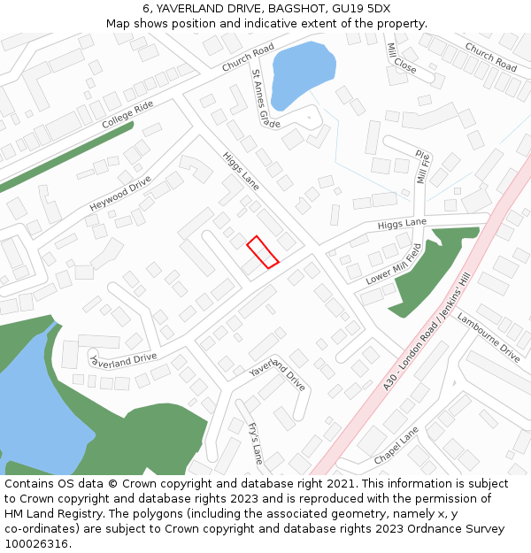 6, YAVERLAND DRIVE, BAGSHOT, GU19 5DX: Location map and indicative extent of plot