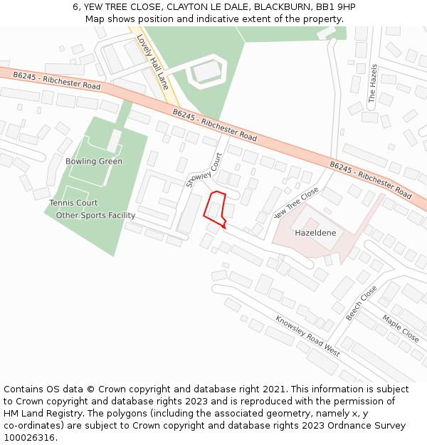 6, YEW TREE CLOSE, CLAYTON LE DALE, BLACKBURN, BB1 9HP: Location map and indicative extent of plot