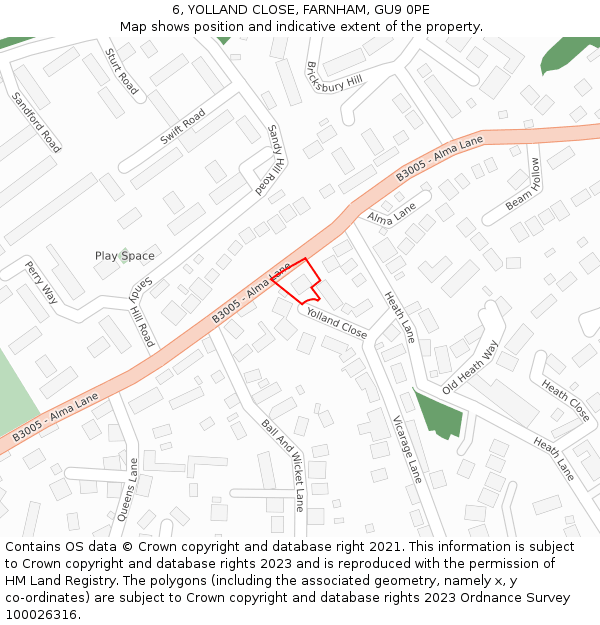 6, YOLLAND CLOSE, FARNHAM, GU9 0PE: Location map and indicative extent of plot