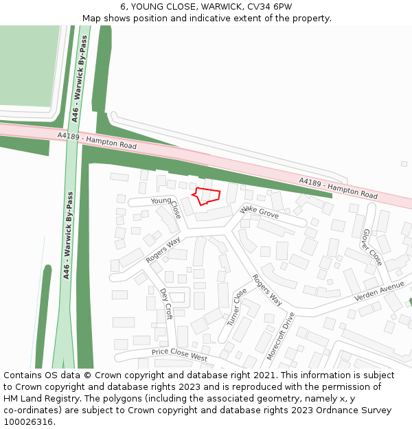 6, YOUNG CLOSE, WARWICK, CV34 6PW: Location map and indicative extent of plot