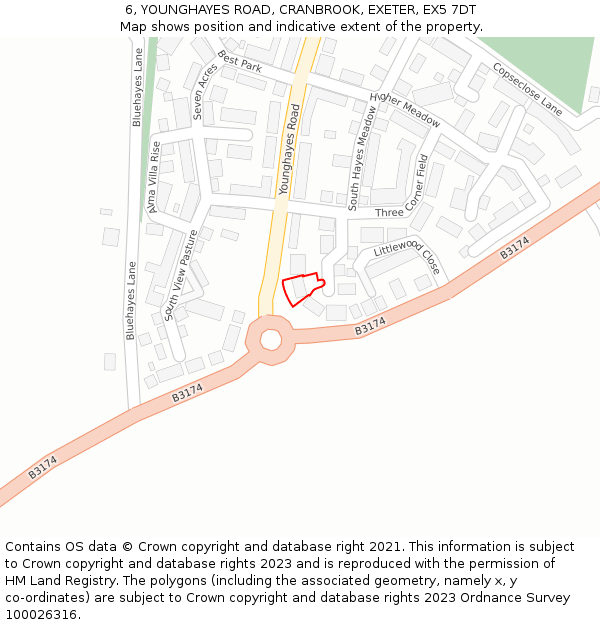 6, YOUNGHAYES ROAD, CRANBROOK, EXETER, EX5 7DT: Location map and indicative extent of plot