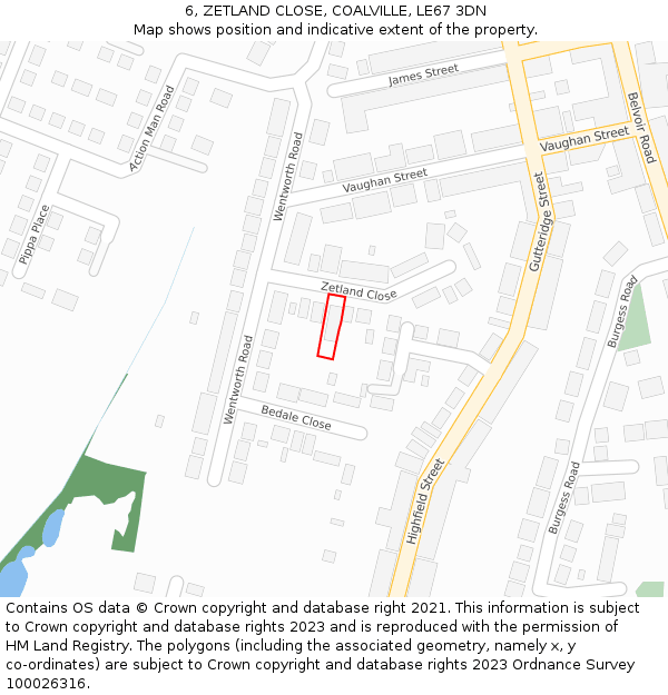 6, ZETLAND CLOSE, COALVILLE, LE67 3DN: Location map and indicative extent of plot