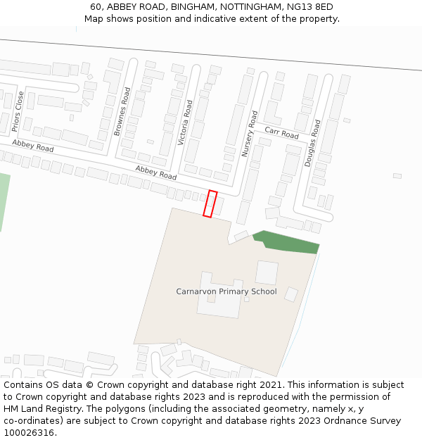 60, ABBEY ROAD, BINGHAM, NOTTINGHAM, NG13 8ED: Location map and indicative extent of plot