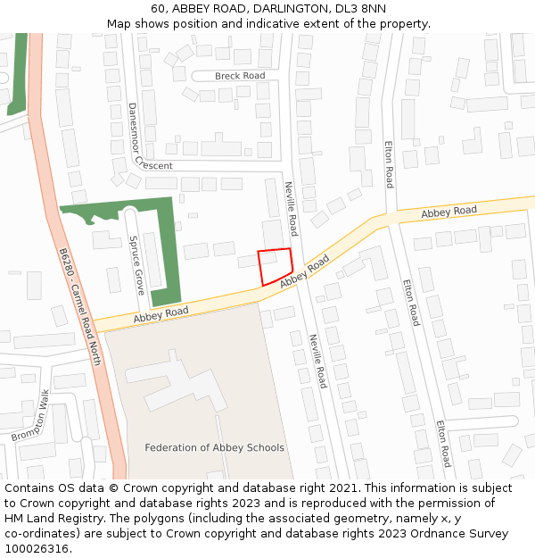 60, ABBEY ROAD, DARLINGTON, DL3 8NN: Location map and indicative extent of plot