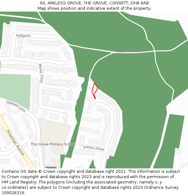 60, ARKLESS GROVE, THE GROVE, CONSETT, DH8 8AB: Location map and indicative extent of plot