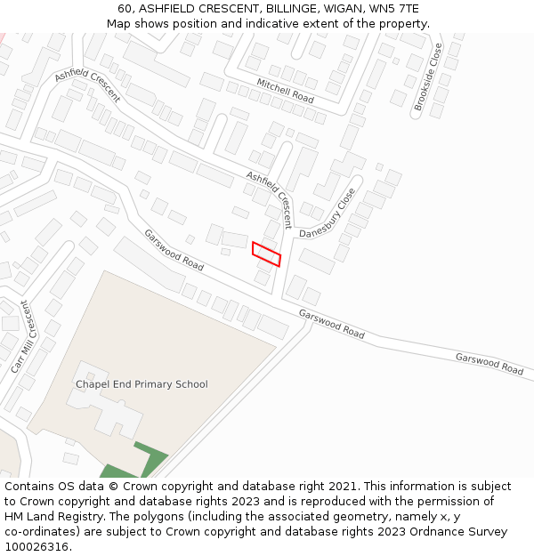 60, ASHFIELD CRESCENT, BILLINGE, WIGAN, WN5 7TE: Location map and indicative extent of plot