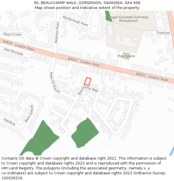 60, BEAUCHAMP WALK, GORSEINON, SWANSEA, SA4 6AE: Location map and indicative extent of plot