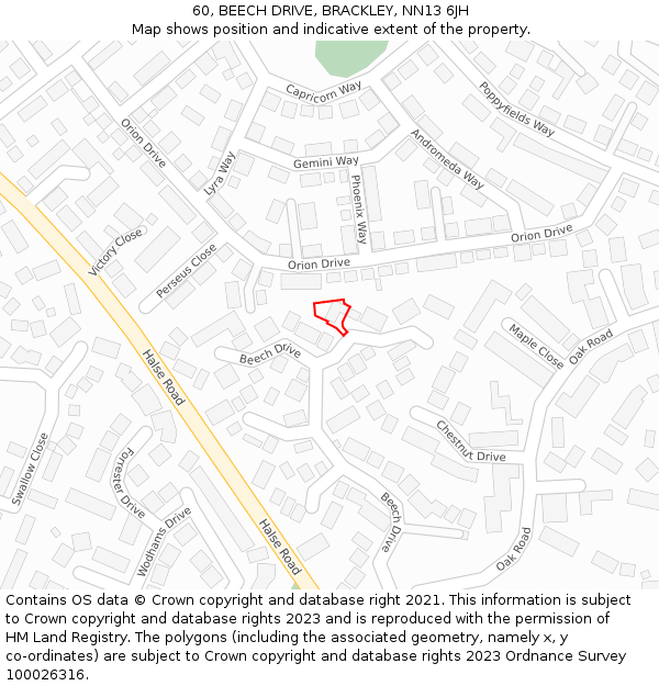 60, BEECH DRIVE, BRACKLEY, NN13 6JH: Location map and indicative extent of plot