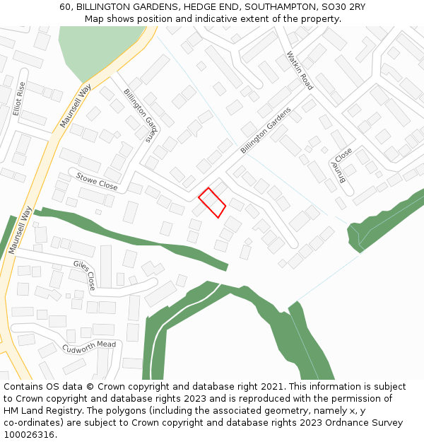 60, BILLINGTON GARDENS, HEDGE END, SOUTHAMPTON, SO30 2RY: Location map and indicative extent of plot