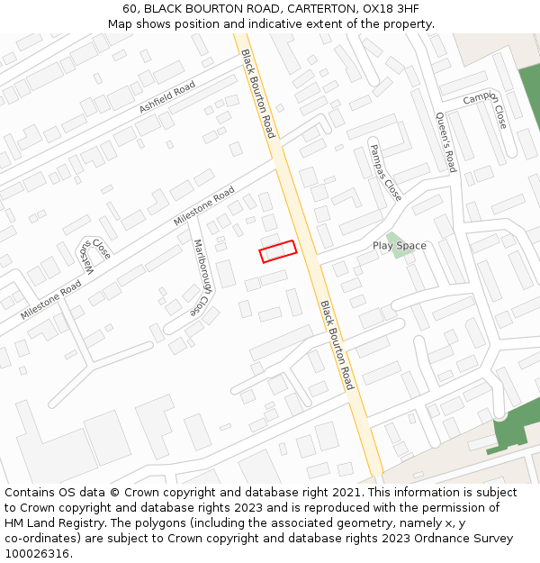 60, BLACK BOURTON ROAD, CARTERTON, OX18 3HF: Location map and indicative extent of plot