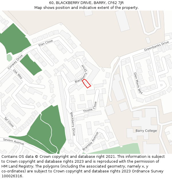 60, BLACKBERRY DRIVE, BARRY, CF62 7JR: Location map and indicative extent of plot