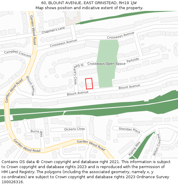 60, BLOUNT AVENUE, EAST GRINSTEAD, RH19 1JW: Location map and indicative extent of plot