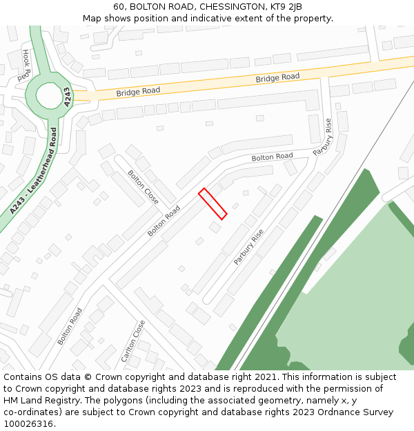 60, BOLTON ROAD, CHESSINGTON, KT9 2JB: Location map and indicative extent of plot