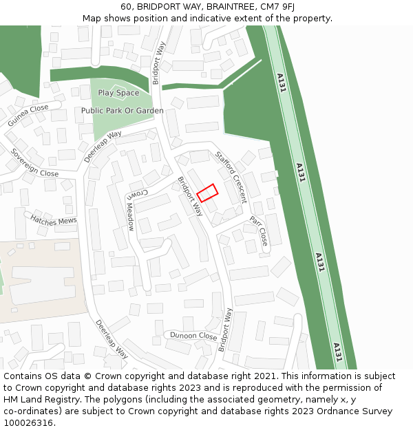 60, BRIDPORT WAY, BRAINTREE, CM7 9FJ: Location map and indicative extent of plot